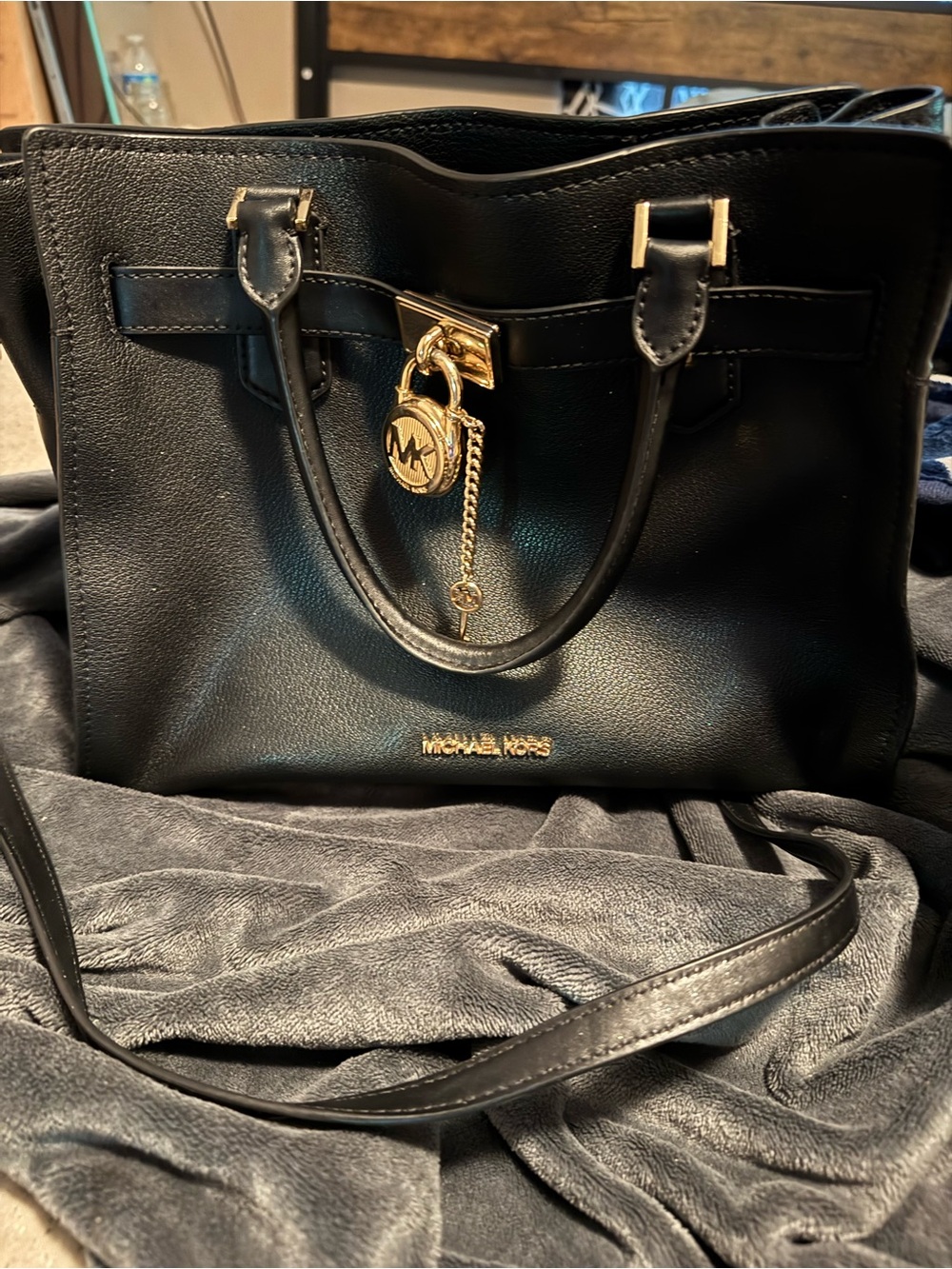 Michael Kors Black Leather Crossbody Tote with Gold Hardware